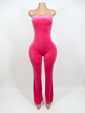 Fashion Nova Strapless Plush Velvet Jumpsuit in Hot Pink